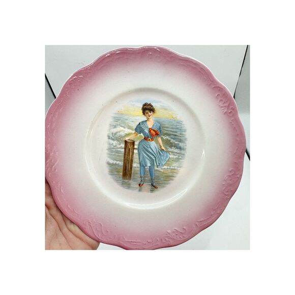 Antique Sevres France Pink And Blue Bathing Beauty Decorative Plate Edwardian - Picture 7 of 9